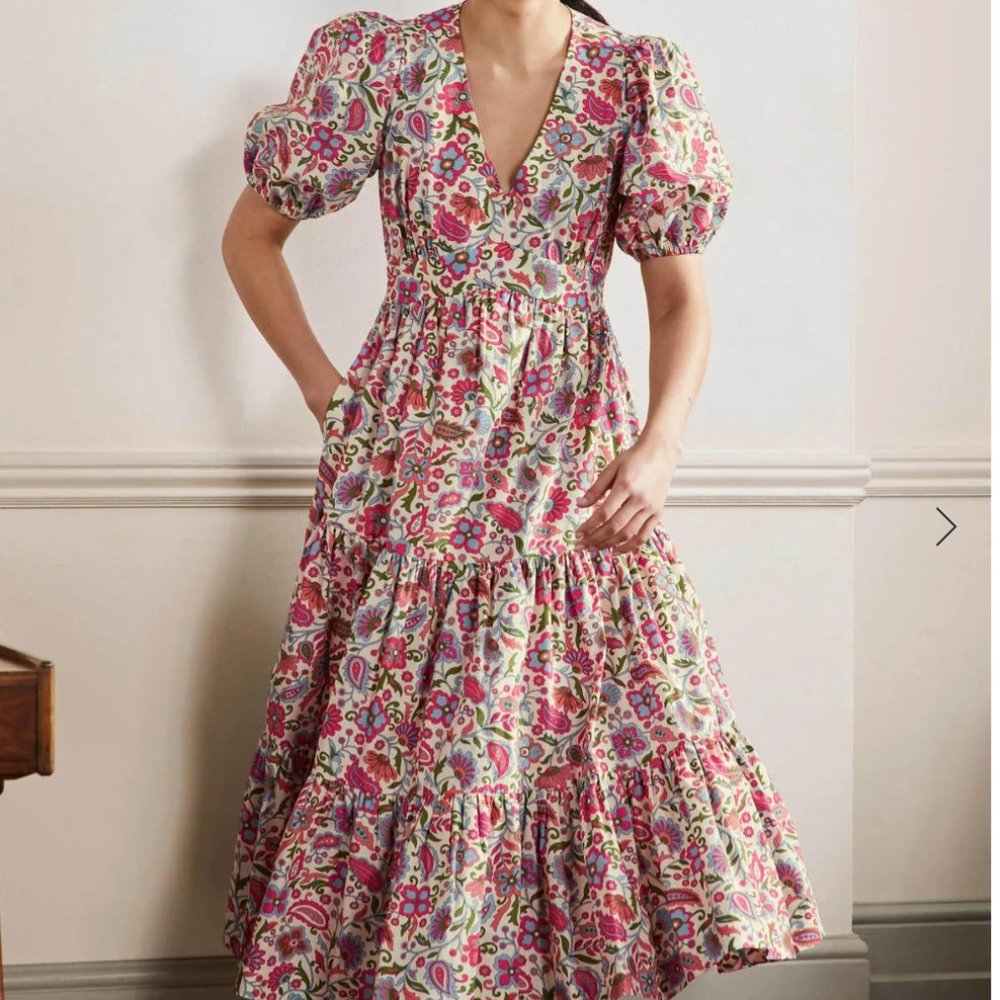 Boden Puff Sleeve Tiered Midi Dress Size US 12R